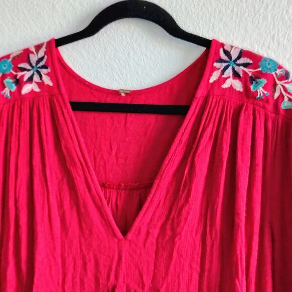 Free People Large? Red Embroider TeAmo Bell Sleeve Babydoll Mini Dress Boho READ - Picture 11 of 12